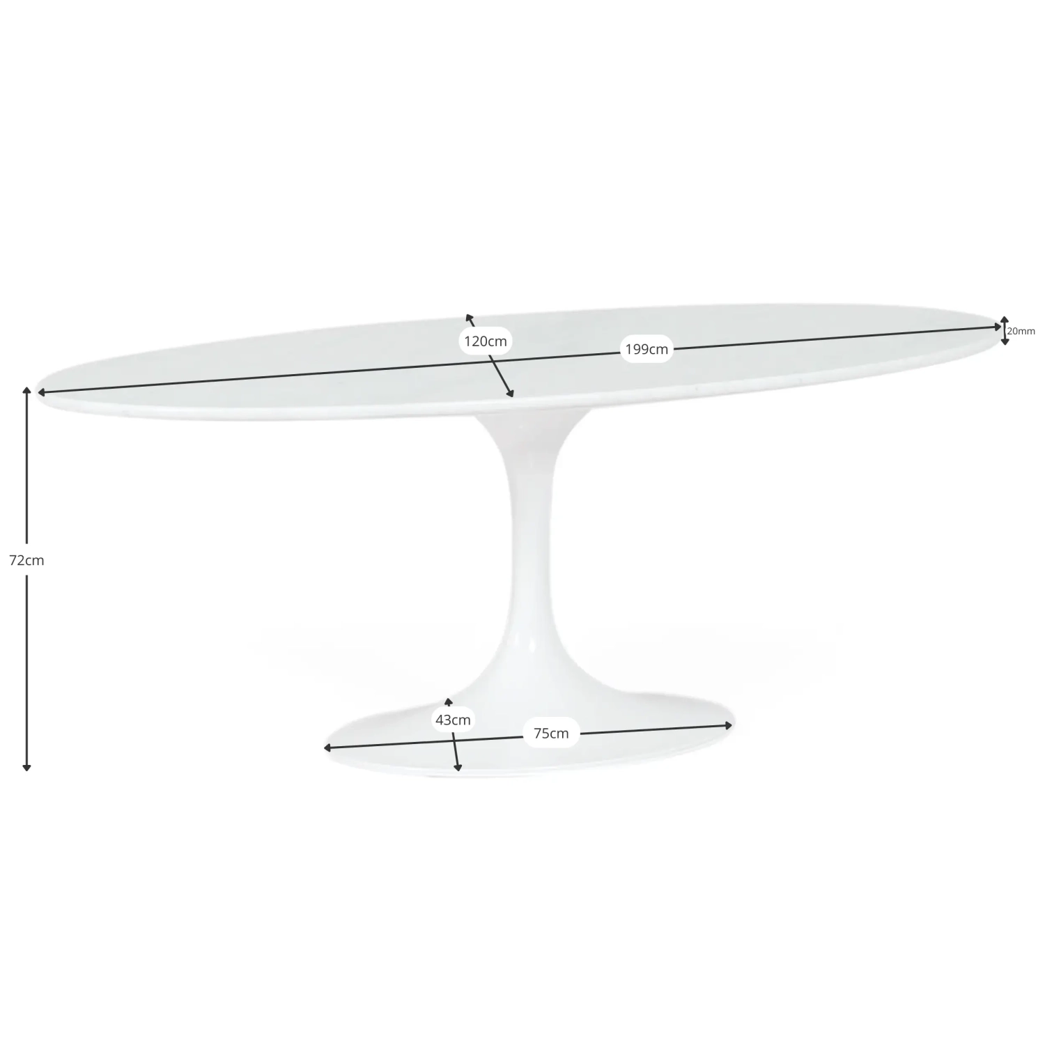 Ovale Tafel Tulip 199 cm Carrara Marmer | Saarinen Ontwerp voor Luxe Eetkamers