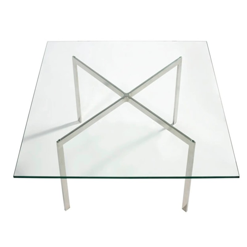 Mies Van Der Rohe -pöytä 100x100cm : karkaistua lasia ja ruostumatonta terästä