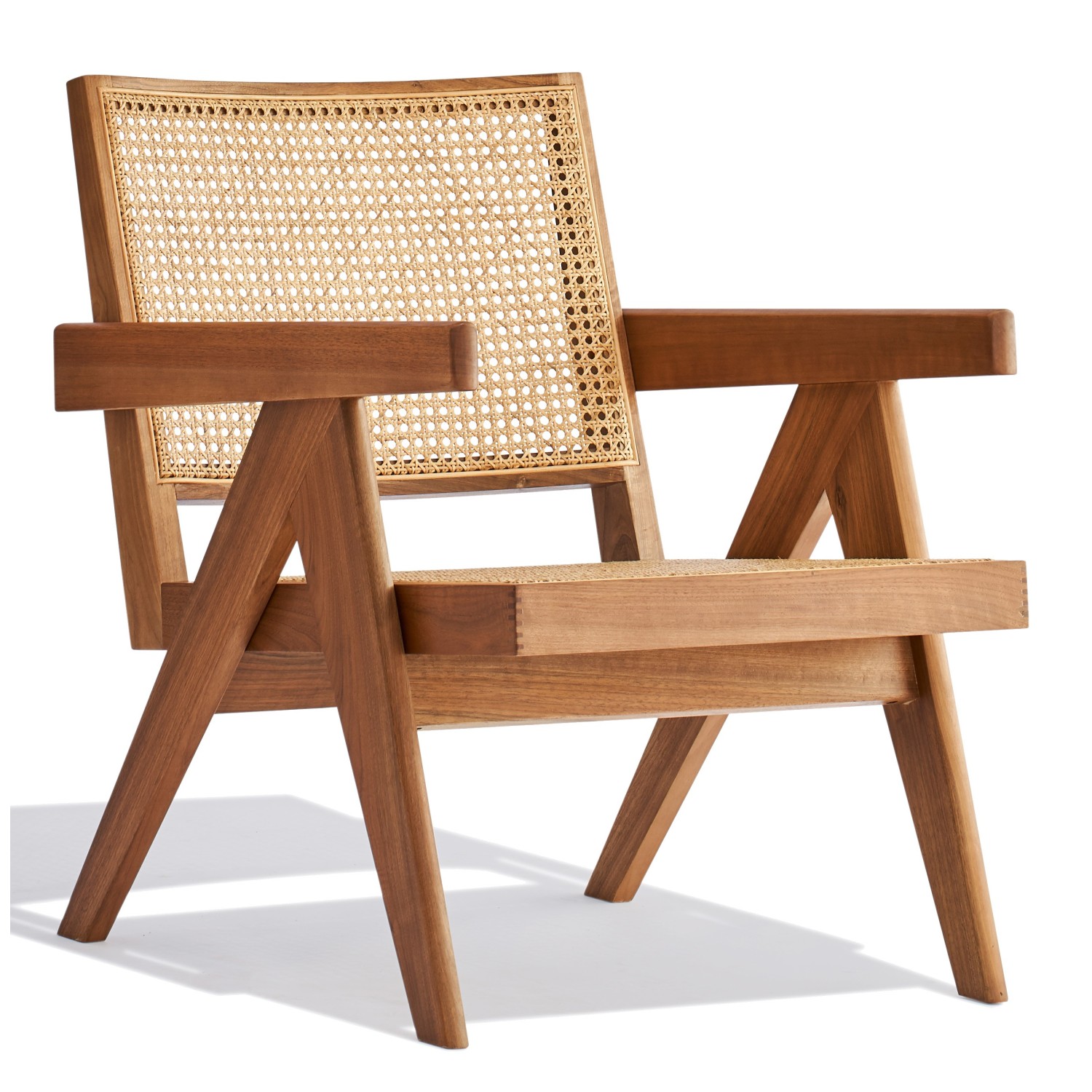 Chaise longue Compass avec accoudoirs en bois de teck et rotin naturel